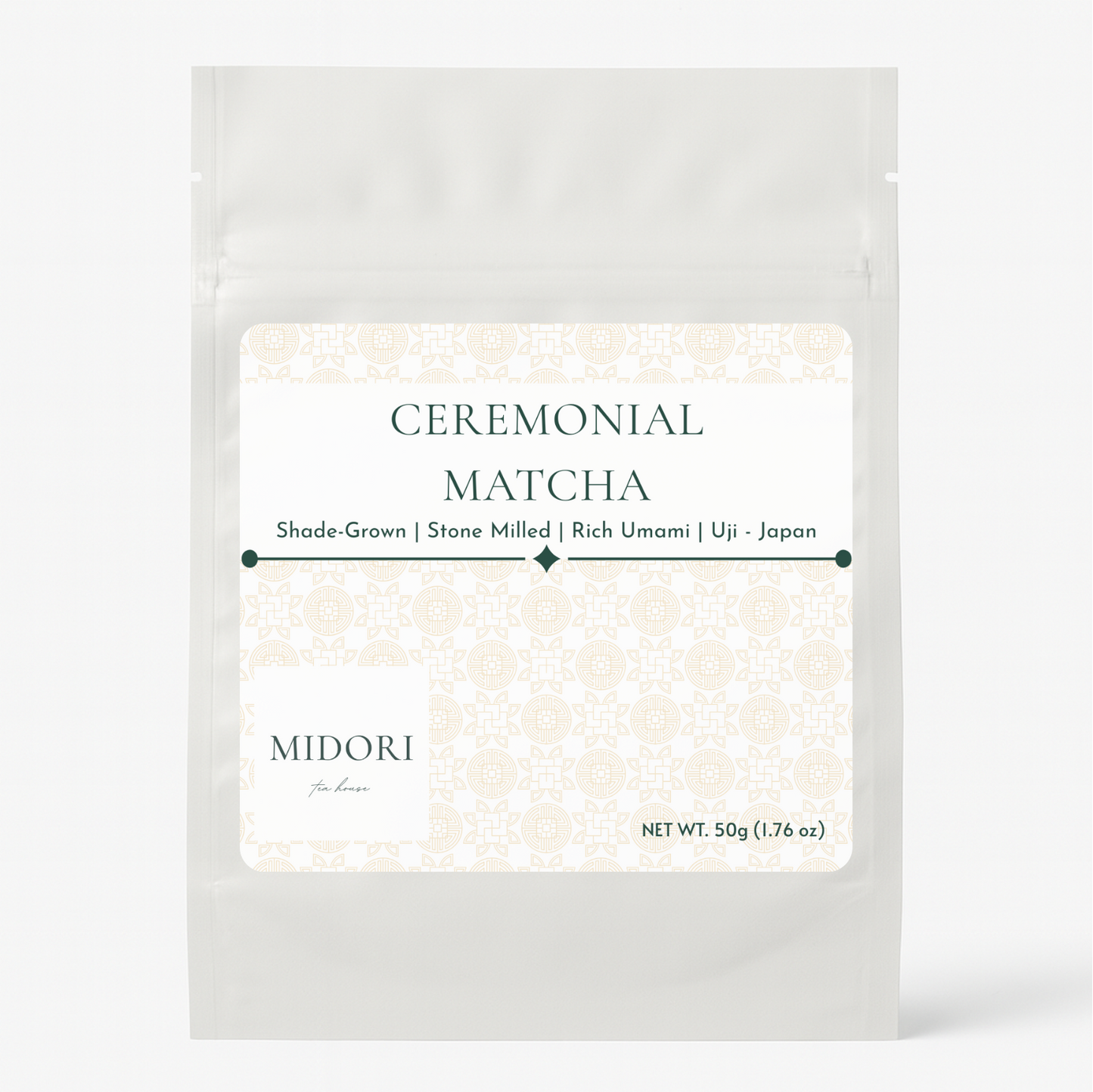 Packaging of ceremonial matcha with 'Midori' branding on a white background