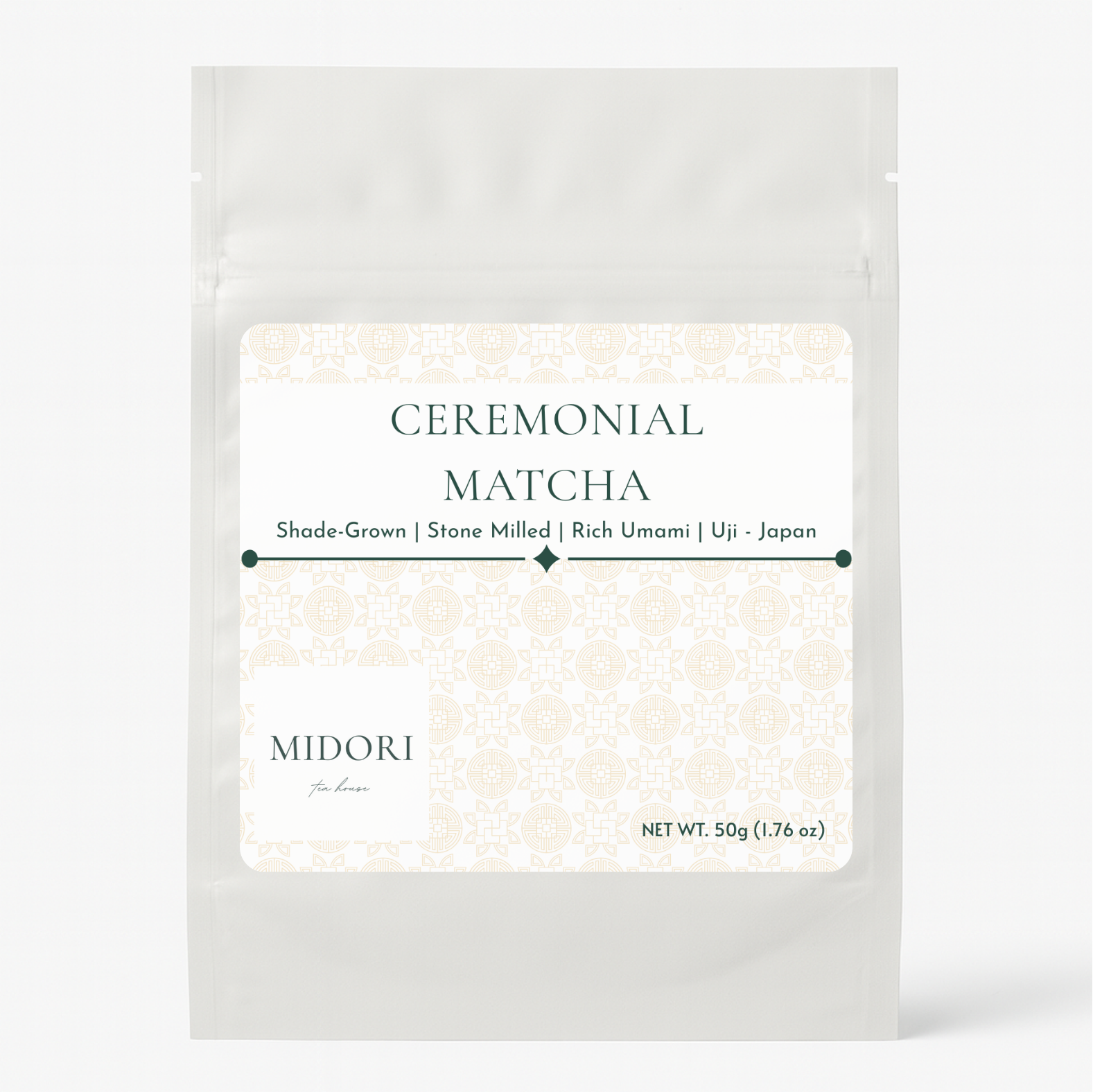 Packaging of ceremonial matcha with 'Midori' branding on a white background