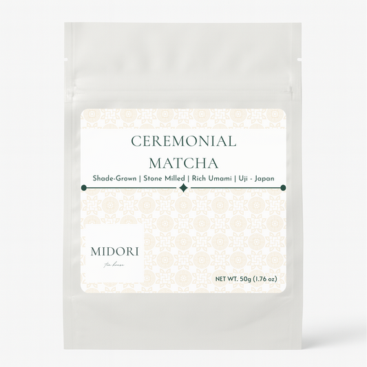 Packaging of ceremonial matcha with 'Midori' branding on a white background